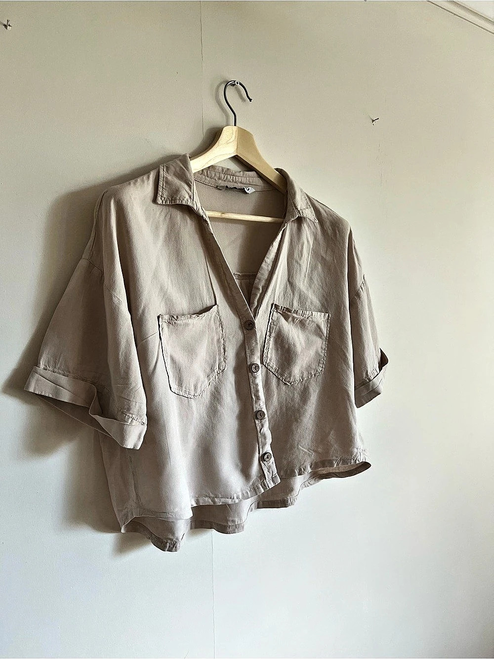 Zara Linen Blend Oversized Short Sleeve Shirt Beige L